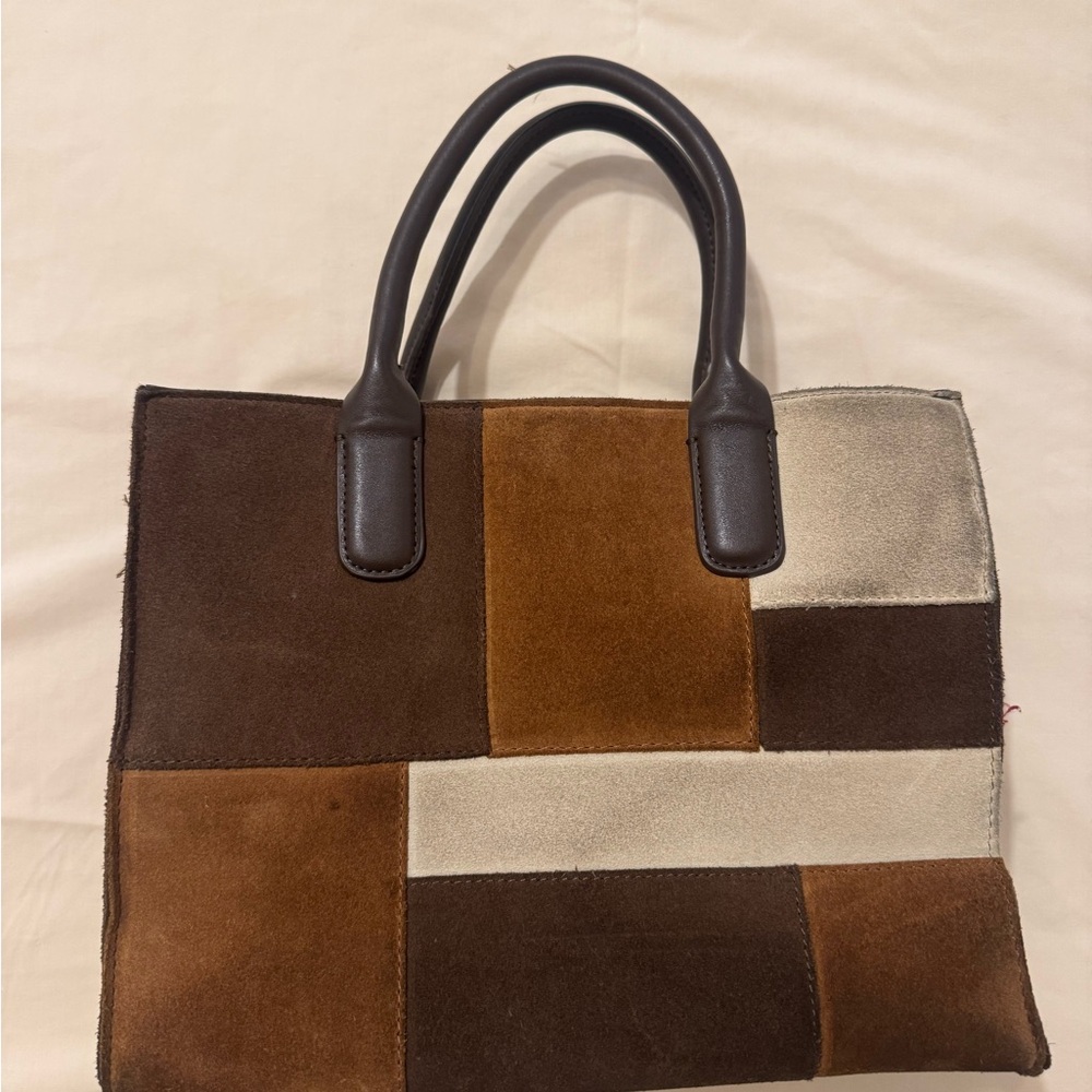 Patchwork Suede Tote Bag - Brown and Tan
